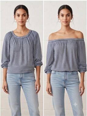 MAX STUDIO Off The Shoulder Striped Peasant Blouse S 22” p2p Navy/White NWOT